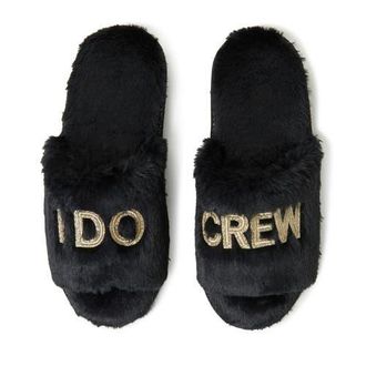 Dearfoams Lane Bridal I Do Fuzzy Slide Slipper in Black at Nordstrom, Size X-Large