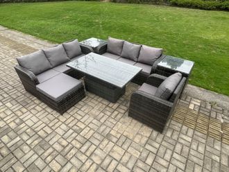 Fimous Outdoor Rattan Garden Furniture Sets Height Adjustable Rising lifting Dining Table Sofa Set with Reclining Chair Side Table Big Footstool
