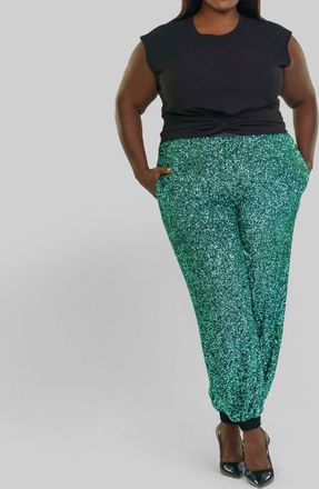Bl^nk London Sequin Pull-On Joggers - Plus In Green Sequin