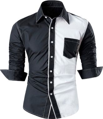 Jeansian Casual Button-Down Shirts Long Sleeve Dress Shirt Top K050_Black_M