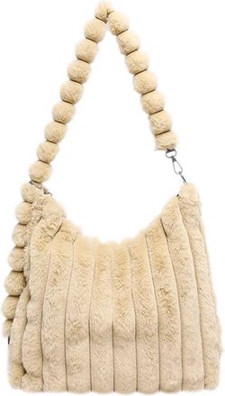 Generic Womens Plush Bags Large Capacity Plush Bag Womens Commuter Shoulder With Pendant Fluffy Tote(Khaki)