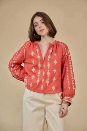 See U Soon Met etnische motieven geborduurde blouse met lange mouwen en V-hals