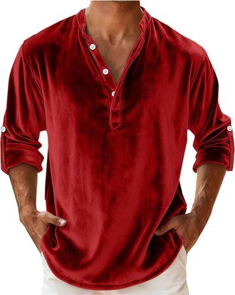 Generic Mens Henley Shirts Long Sleeve Velvet Casual Shirt Button Up Long Sleeve Loose Fit Tshirts Mock Neck Running Sports Pullover Gym Classic Tops Solid Co
