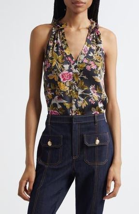 Cinq &agrave; Sept Hannah Jessie Floral Sleeveless Silk Top in Black Multi at Nordstrom Rack, Size Xx-Small