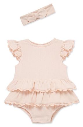 Little Me Seashell Lace Bubble Bubble Romper & Headband Set in Pink at Nordstrom, Size 12M