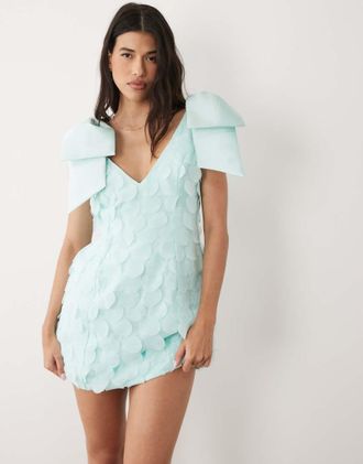 Asos vestito corto con fiocco sulla spalla e dettaglio a disco turchese-Blu
