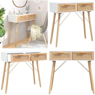 vidaXL Tavolo Consolle Bianco 80x30x75cm Massello Pino Rattan Naturale - Tavolo da ingresso - Tavolo in legno