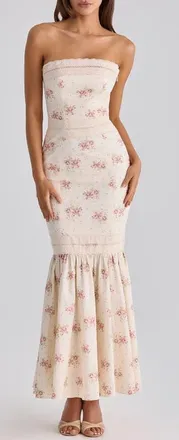 House of CB Alessina Floral Print Gown in Ivory Vintage Rose Print at Nordstrom, Size X-Small