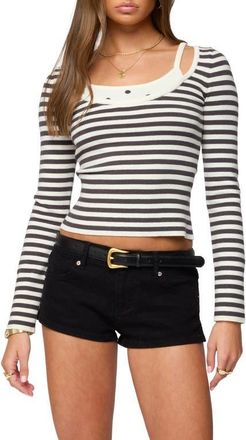 Edikted Cecile Stripe Layered Long Sleeve Crop Top in Gray-And-White at Nordstrom, Size X-Large