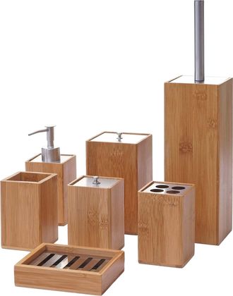 Hhg Hhg - Set De Ba&ntilde;o De 7 Piezas 786, Set De Wc Accesorios De Ba&ntilde;o Dosificador De Jab&oacute;n Portacepillos De Dientes Jabonera, Bamb&uacute;