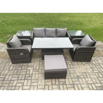 Fimous Wicker pe Rattan Outdoor Garden Furniture Set Height Adjustable Rising lifting Dining Table With Armchair 2 Side Tables Footstool - Fimous
