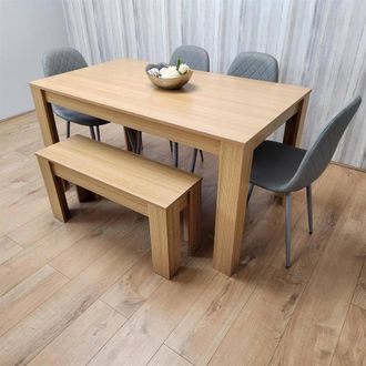 Kosy Koala 6 Seater Light Wood Dining Table Set 4 Grey Gem Chairs & Bench in Brown