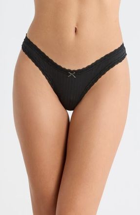 SKIMS Lightweight Stretch Cotton Pointelle Lace Thong in Soot Tonal at Nordstrom, Size Xx-Small