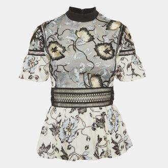 Self Portrait Multicolor Crepe Floral Embroidered Ruffle Top