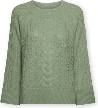 Elena Miro Trui van pure wol met kabelsteek - Dames - Ronde hals truien - Groen - S - Wol - Truien & Vesten