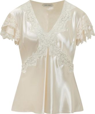 Alberta Ferretti Beige Lace V Neck Top
