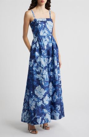 Tahari by ASL Crinkled Floral Gown in Navy at Nordstrom, Size 10