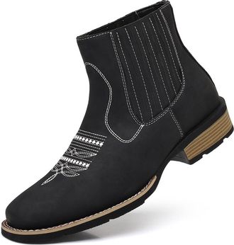 Generic Mens Western Cowboy Boots PU Leather Ankle Chelsea Boots Slip-On Embroidered Round Toe Retro Ranch Riding Classic Durable Casual Dress Fashion Footwea