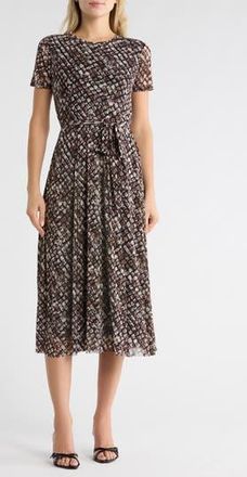 Sandra Darren Short Sleeve Mesh Midi Dress in Black/Tan/Brown at Nordstrom Rack, Size Medium