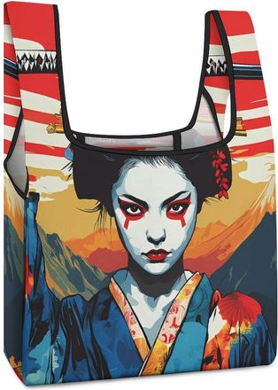 Generic Geisha Ornamental Katana Reusable Shopping Bags Lightweight Foldable Grocery Bag Polyester Washable Tote Bag