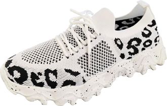 Generic Women Fashion Leopard Print Mesh Sneakers Breathable Non Slip Lace Up Casual Walking Shoe (White, 4.5)