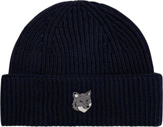 Maison Kitsun&eacute; Fox Head Large Beanie - Heren - Accessoires - Blauw - Maat: ONE Size Wol