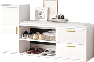 STILVORA Mueble Zapatero Con 2 Cajones, 1 Puerta, 2 Huecos Abiertos Y Asiento Acolchado, En Tablero De Part&iacute;culas, Blanco