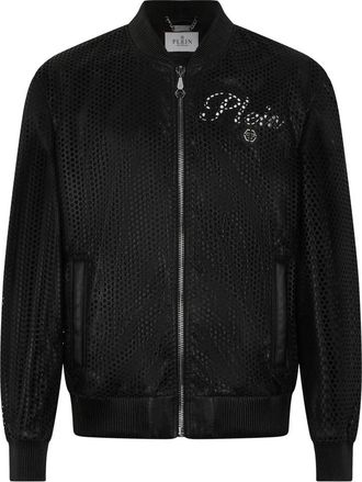 Philipp Plein Perforated Leather Nylon Bomber - Heren - Leren en Su&egrave;de Jassen - Zwart - M - Nylon - Jassen