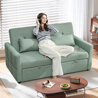 HOMCOM 2 Seater Sofa Bed, Convertible Pull Out Bed Settee, Light Green