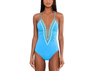 BECCA by Rebecca Virtue Fiesta Plunge One-Piece Womens Swimsuits One Piece Sky Blue : SM, Nylon/Spandex