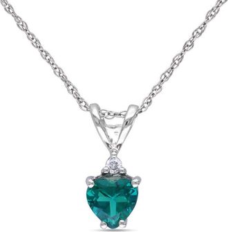 Amour Heart Shaped Created Emerald Pendant and Chain with Diamonds In 10K White Gold