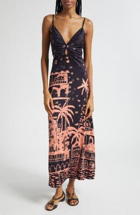Johanna Ortiz Nuestra Tierra Landscape Print Cutout Shiny Jersey Dress in Black /Peach at Nordstrom, Size 12