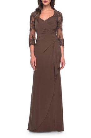 La Femme Lace and Net Jersey Gown with Illusion Sleeves in Cocoa at Nordstrom, Size 16