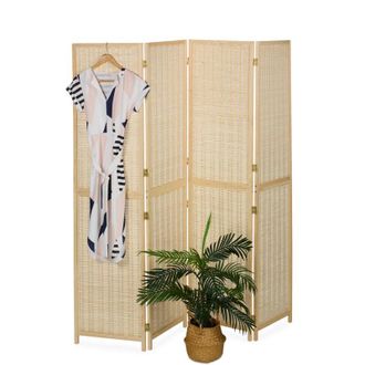 Relaxdays Relaxdays Room Divider, 4-Panel, Folding Screen, HxW: 180x182 cm, Bamboo & Wood, Partition Wall, Living Room, Natural