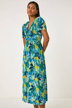 Roman Floral Print Crossover Midi Dress