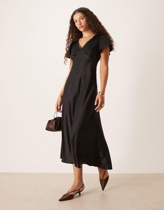 Nobody's Child Sienna - Vestito nero con scollo a V, finiture in pizzo e gonna al polpaccio
