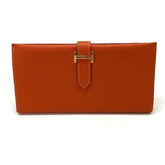 Herm&egrave;s Bearn Orange Chevre Leather Long Wallet (Bi-Fold) (Pre-Owned)