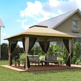OUTSUNNY 3.6 x 3.6m Pop Up Gazebo with Netting & Wheeled Bag, Beige