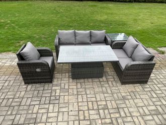 Fimous Outdoor Rattan Furniture Garden Dining Set Patio Height Adjustable Rising lifting Table Reclining Chair Sofa With Side Table Dark Grey Mixed