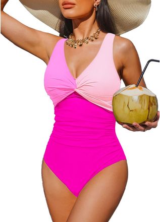 Holipick Women Tummy Control One Piece Swimsuit - Push Up Bathing Suit Full Coverage Slimming Swimwear, Rose Pink, Medium