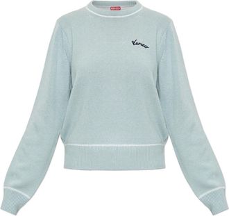 Kenzo Wol trui met applicatie logo - Dames - Ronde hals truien - Blauw - M - Wol - Truien & Vesten