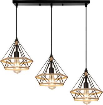 OEM L&aacute;mpara Colgante De Techo Retro De 3 Luces Con Forma De Diamante, L&aacute;mpara De Cuerda De C&aacute;&ntilde;amo Negra Para Oficina, Pasillo, Restaurante, Loft, Bar, Caf
