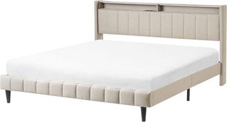 Beliani Beliani - Letto king size ue in tessuto imbottito 180 x 200 cm con testiera contenitore con luci led usb Beige Beaulieu