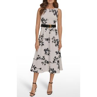 DKNY Belted Floral Print Midi Dress in Cream/Black Multi at Nordstrom, Size 10
