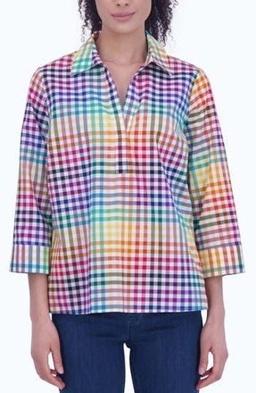 Foxcroft Sophia Rainbow Gingham Cotton Popover Shirt in Multi Plaid at Nordstrom Rack, Size Medium