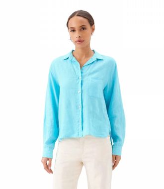 Karen Kane Long Sleeve Linen Button-Up Shirt In Aqua