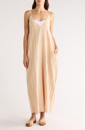 Elan Stripe Sleeveless Cover-Up Maxi Dress in Beige/Cayenne Stripe at Nordstrom, Size X-Small
