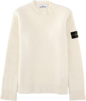 Stone Island Ivory Distinctive Sleeve Patch Virgin Wool Sweater