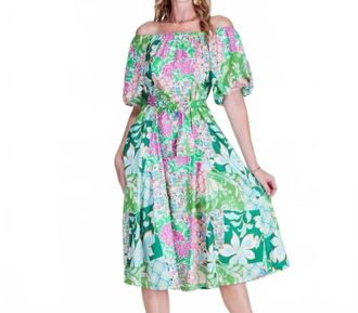 Jade Yoga Bardot Off-The-Shoulder Midi Dress In Garden Gala Green