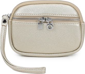 Generic Womens Small Wristlet Pouch, Dual Zipper Compartments, Silver Hardware, Small Clutch Bag with Strap (Gold)